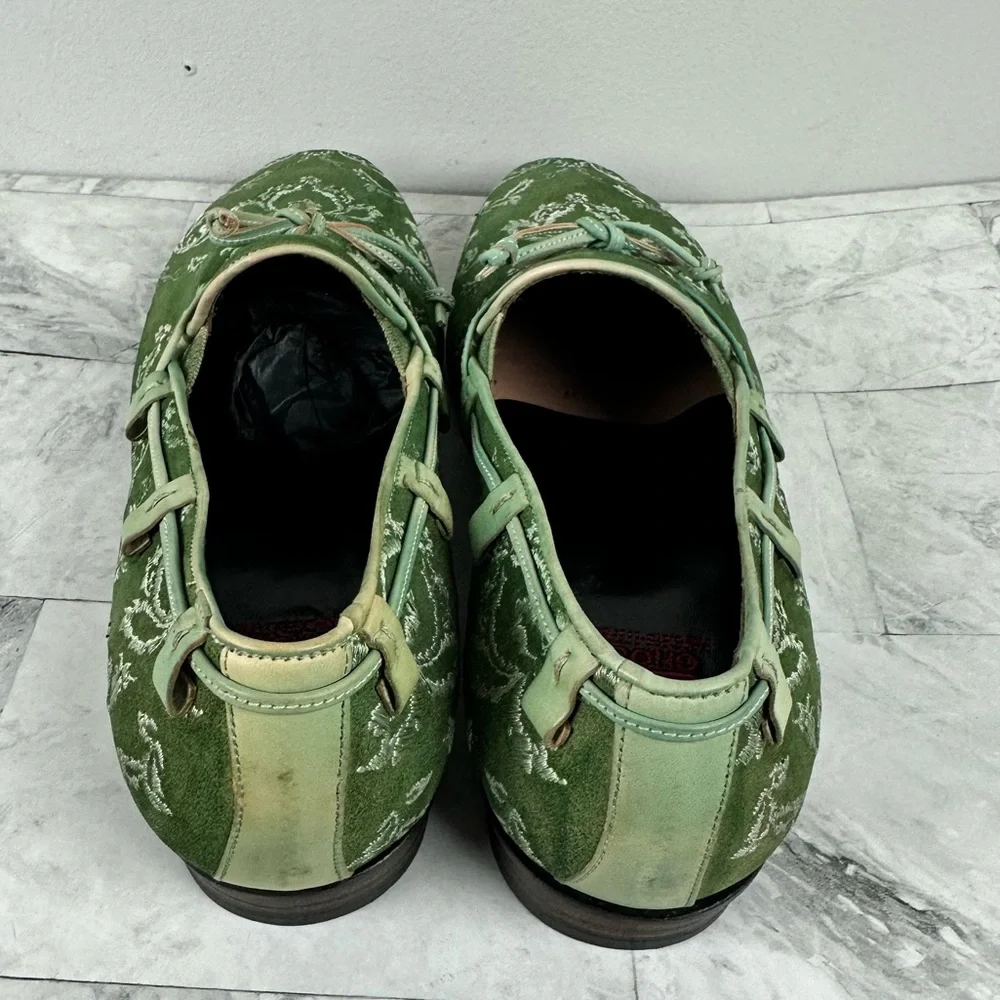 Jo Ghost Green Suede Embroidered Loafers Italy Slip On Sz 42 US 9 - Picture 5 of 14